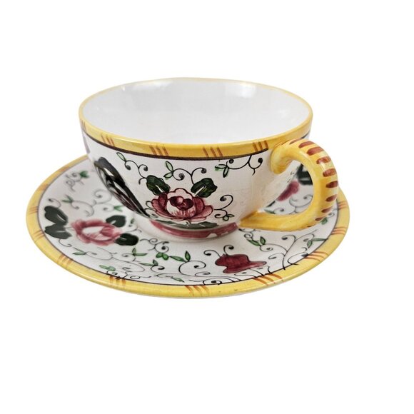 UCAGCO Early Provincial Hand Painted Rooster Rose Cup Saucer Set Japan Vintage - Picture 3 of 10